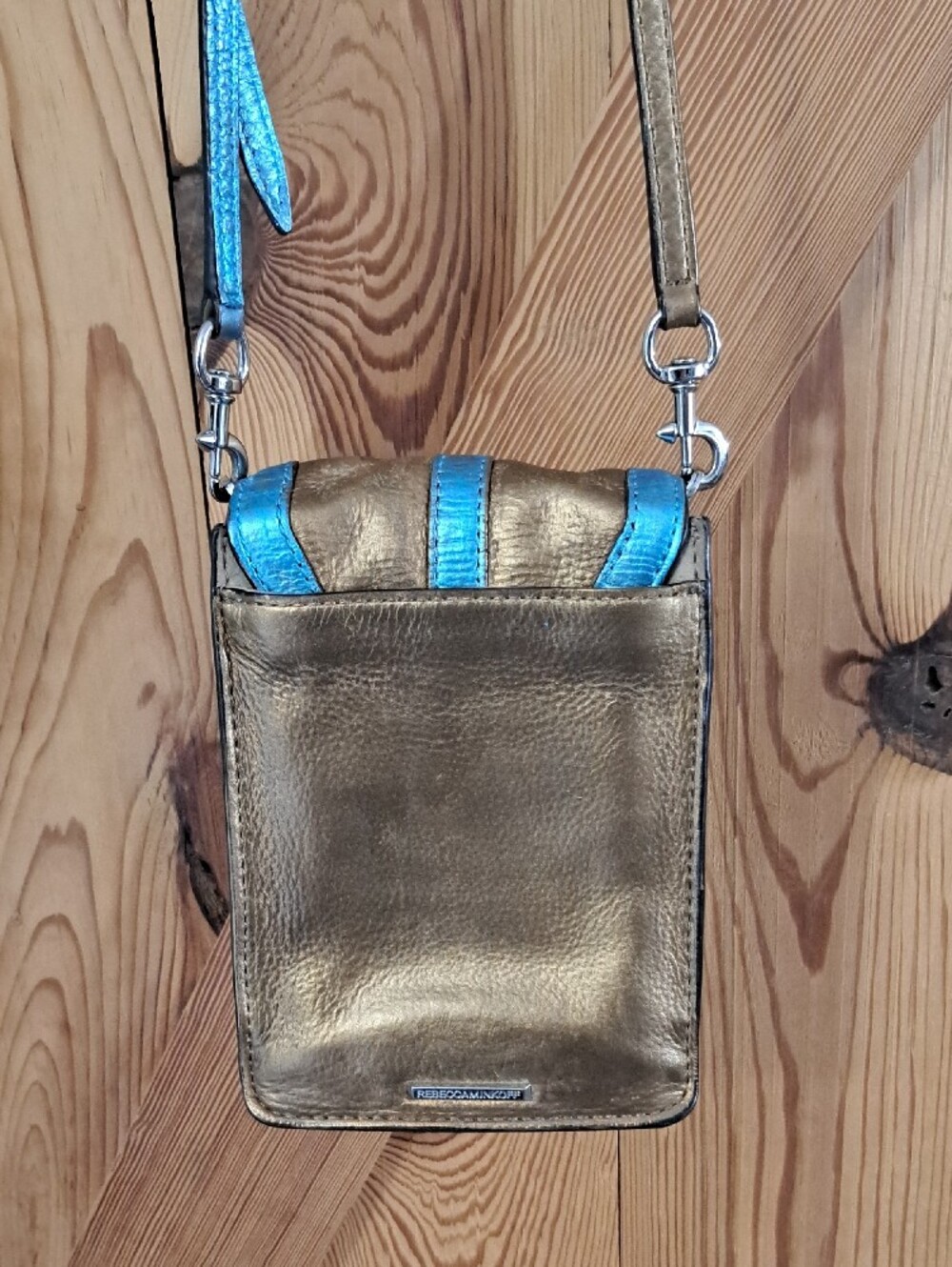 Hand Painted Metallic Bronze Crossbody Phone Bag with Turquoise Trim - Picture 8 of 14